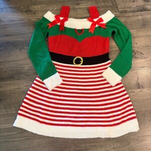 Planet Heart Christmas Elf Sweater Dress Red Green Striped Cold Shoulder Large